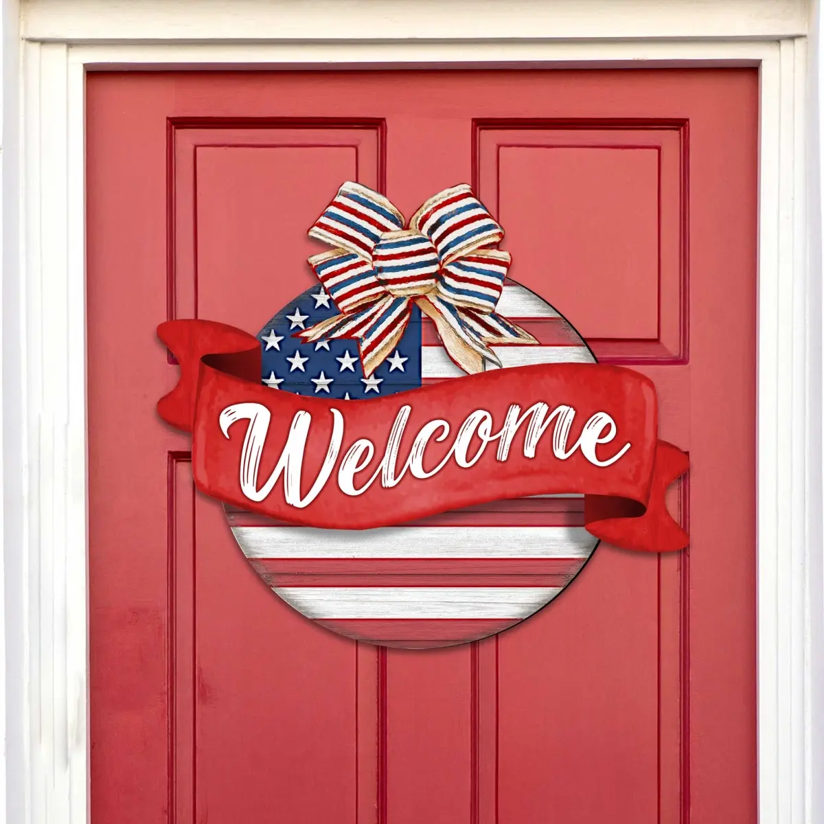 Designocracy 933103H Durable 18x18 in. UV-Coated Wood American Flag Porch Wreath - Home Supplies Welcome Sign, Door Decor for Home/Establishment, Indoor/Outdoor Use