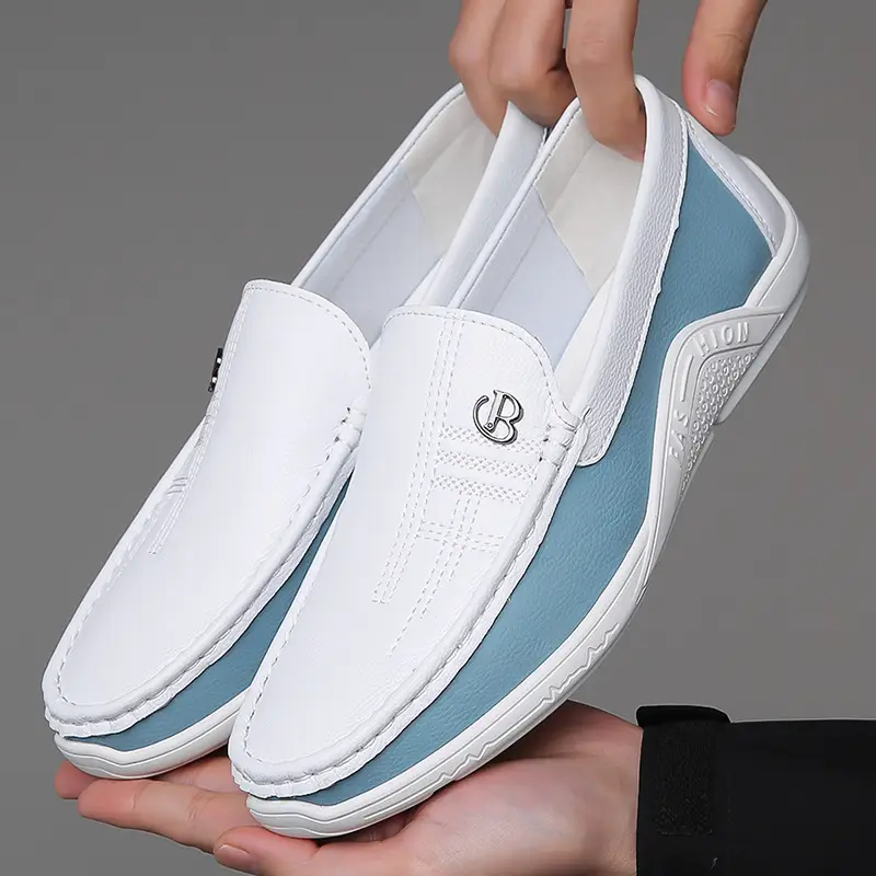 Summer leather shoes, soft leather men's shoes, soft soled men's business casual white shoes, British fashion set shoes, bean shoes Flat Boy