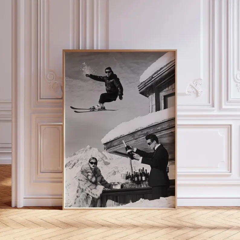 Black and White Ski Poster | Apres Ski Poster for Bar Cart | Vintage Ski Poster