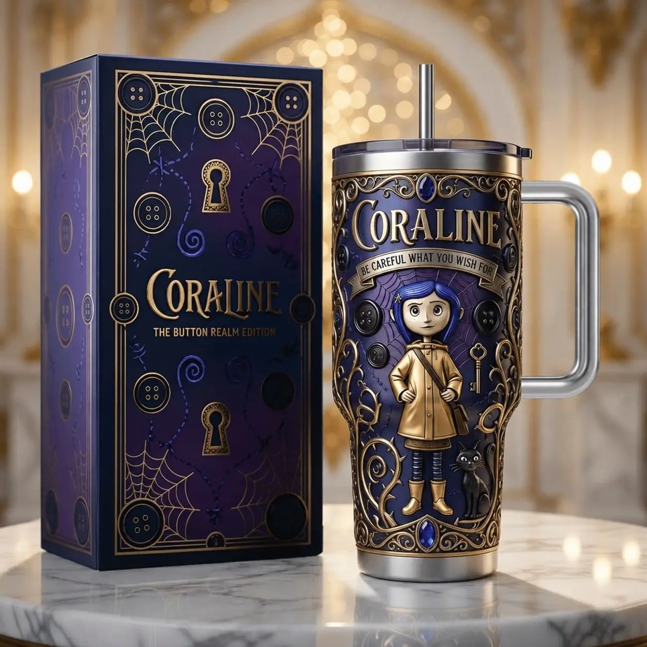 Dark Fantasy 20oz 30oz 40oz Tumbler with Handle, Insulated Stainless Steel Travel Cup, Blue-Haired Girl Spooky Adventure Design, Gothic Horror Fan Gift, Leakproof Travel Mug