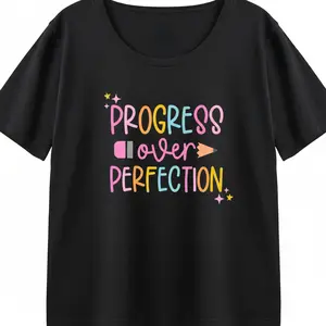 Teacher Shirt Women Progress Over Perfection Graphic Tee Colorful Motivational Quote Casual Relaxed Fit Comfy Top Trendy Back To School Gift