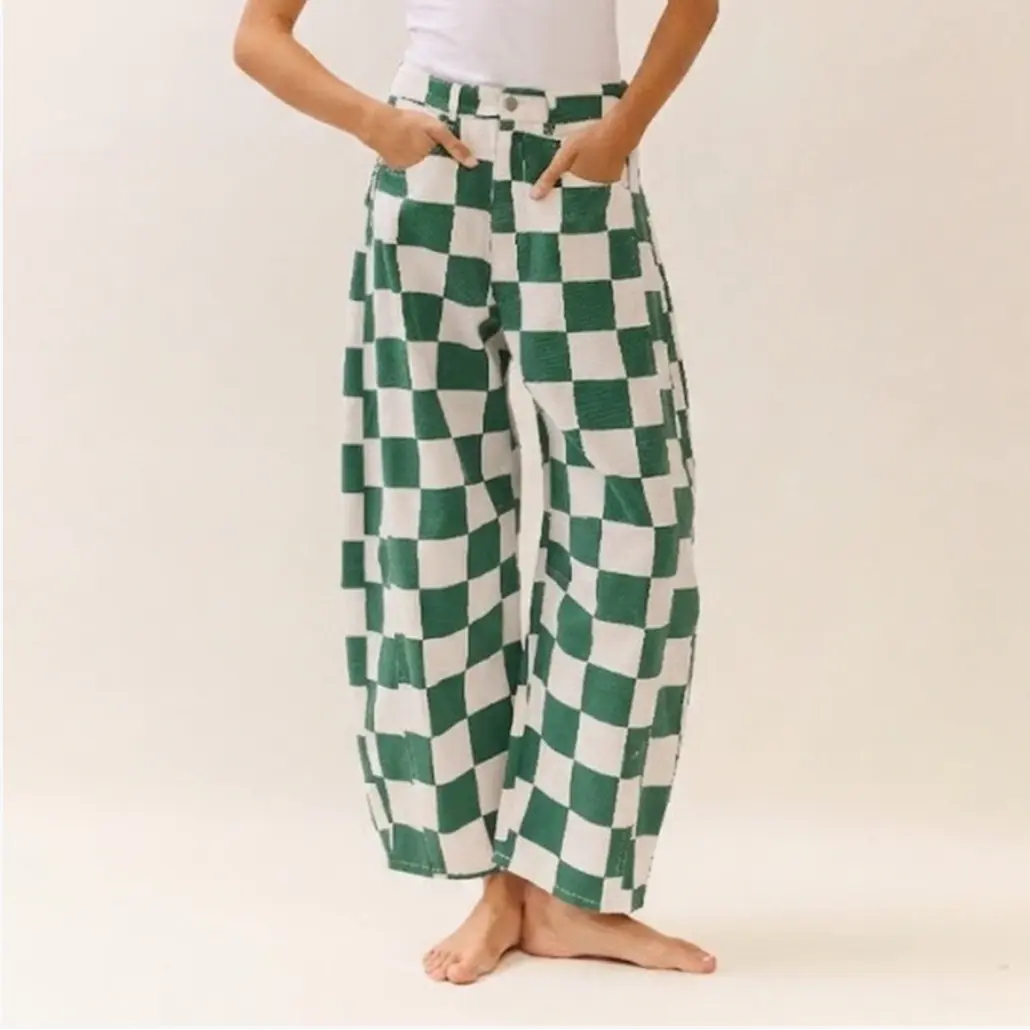 Checkered Barrel Denim Pants