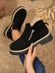 Women's Ankle Boots, Plain Suede Material, Platform Wedge Design, Side Zipper, Thick Sole, Fashion Casual Shoes, Fall Winter Warm Booties