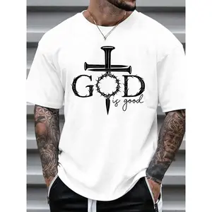 "Men's T - Shirt with a Profound Religious Message: 'GOD is good' Embellished with Cross and Crown of Thorns Motifs, Exuding Spiritual Reverence"