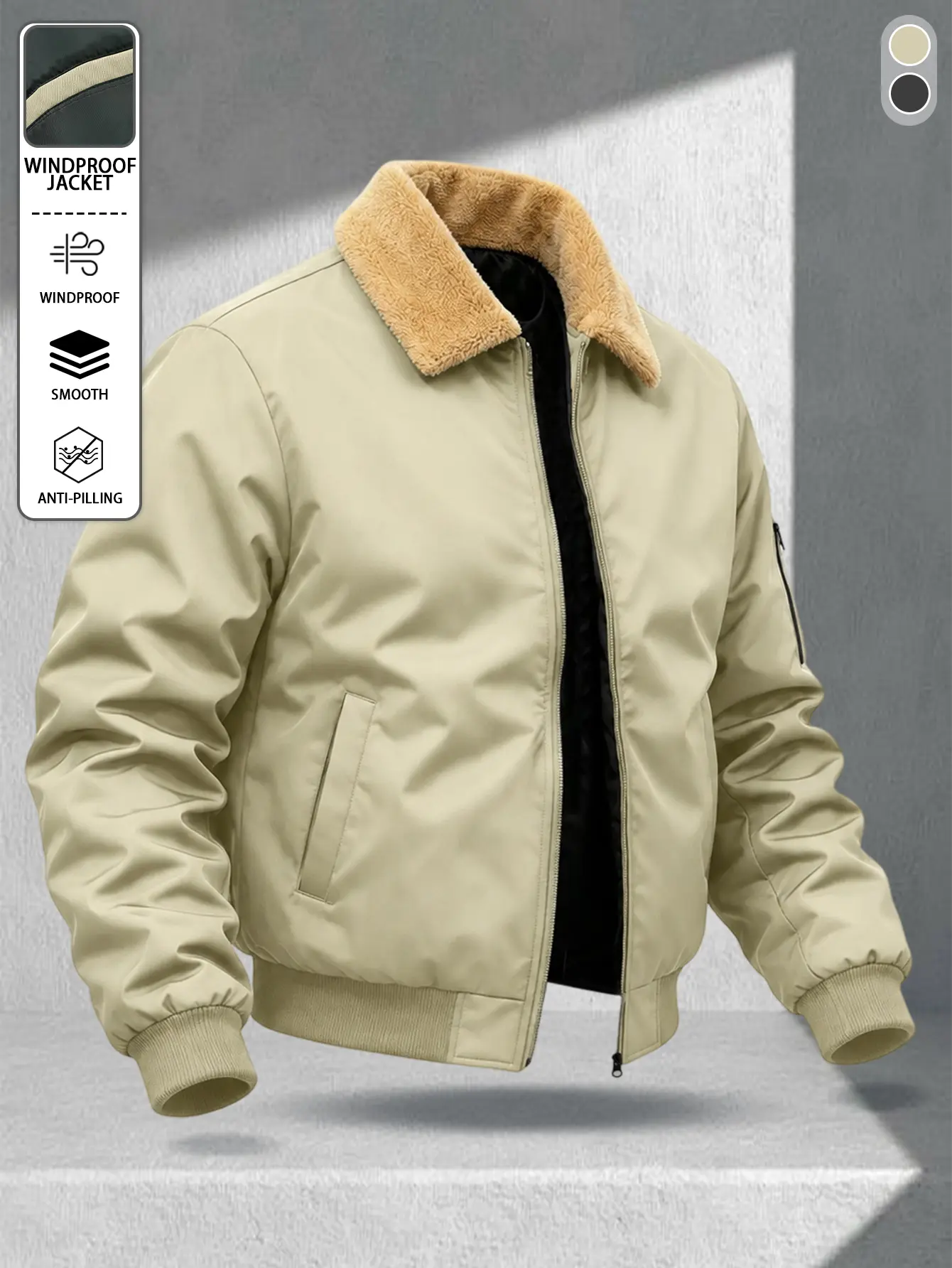 American vintage khaki fleece-lined aviator jacket, featuring a soft, easy-on-the-eyes light khaki color palette and a short, streamlined fit; versatile men’s outerwear for motorcycling, everyday commuting, and autumn/winter wear.