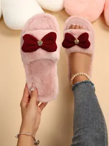 Women's Fleece Lined Slide Slippers with Bow Decoration, Comfortable Thick Indoor Shoes, Casual Style for Fashion Women