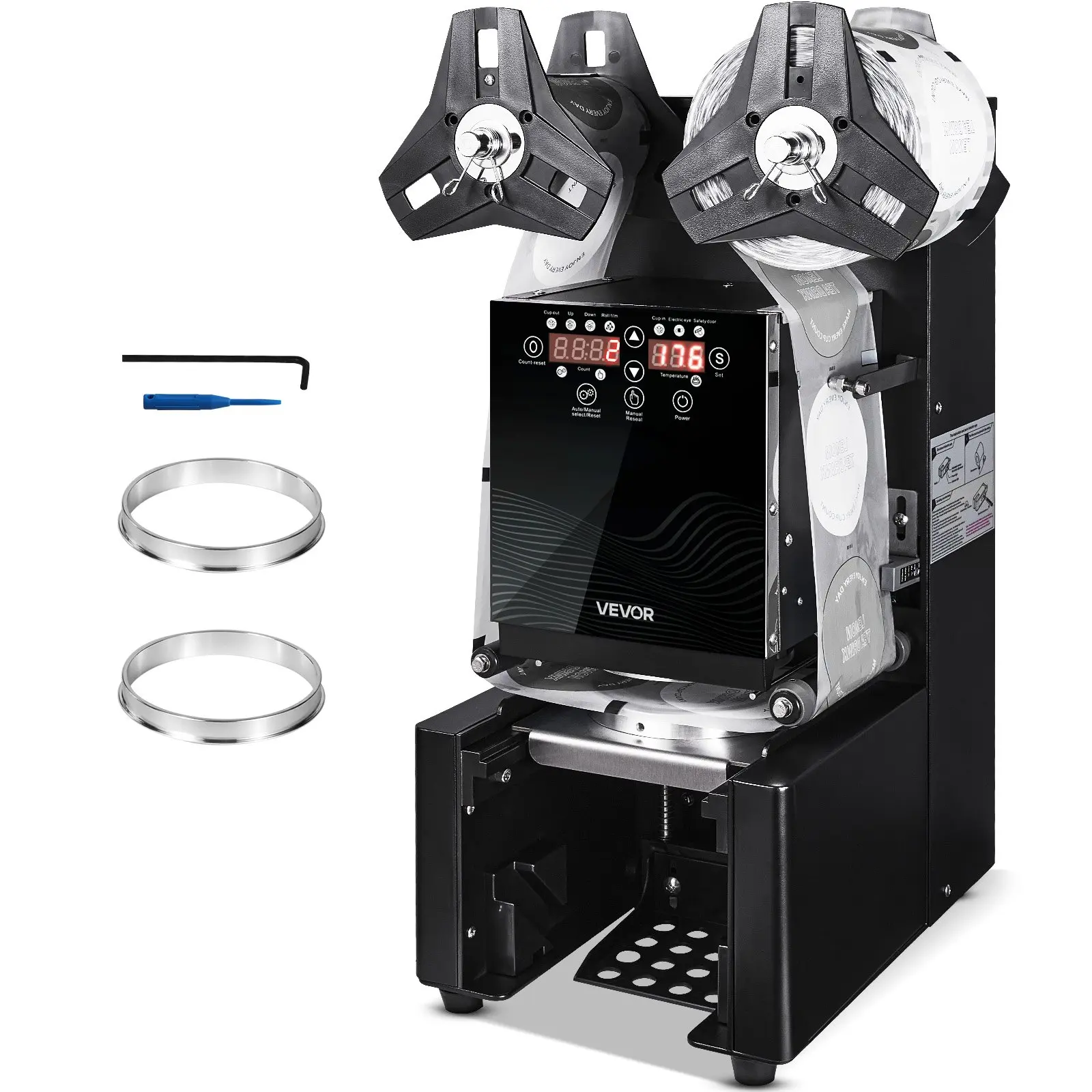 【Summerfinds】VEVOR Fully Automatic Cup Sealing Machine, 500-650 Cups/H, Cup Sealer Machine for 190 mm Tall & 90/95 mm Cup, Electric Tea Sealer with Digital Control LCD Panel for Bubble Milk Tea Coffee, Black