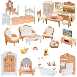 36Pcs Dollhouse Furniture Set,Miniature 1:12 Scale Dolls House Accessories with Cat,Dog,Kitchen, Dining Room, Living Room,Bedroom for Playhouse Toy(Beige)