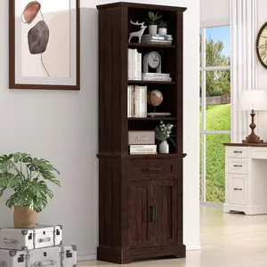 AHB 72" Tall Bookshelf Farmhouse Bookcase with Doors and Drawer, 4 Tiers Floor Standing Display Bookshelf with Storage Cabinet and Adjustable Shelves for Home Office
