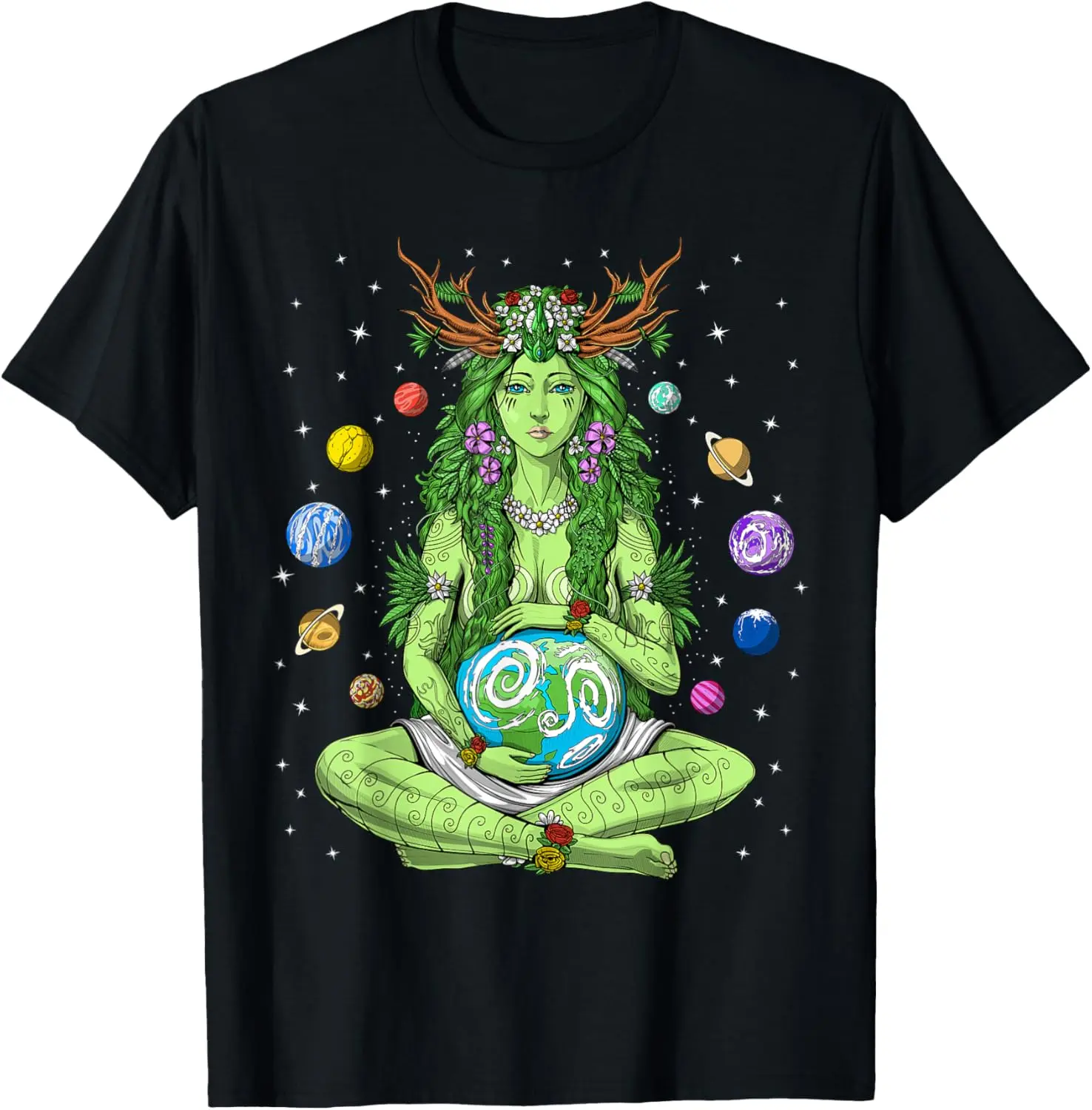Women's 100% Cotton Short-Sleeve Crew Neck Graphic T-Shirt - Gaia Greek Goddess Pagan Mother Earth Witchy Streetwear Top, Vintage, Whimsical, Clothes, Machine Washable, All Seasons