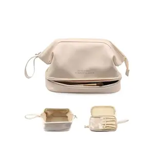 PU Leather Dual-Layer Cloud Makeup Bag, High-Profile Portable Wash Kit, Large Capacity Women's Storage Bag, All Seasons Casual Style