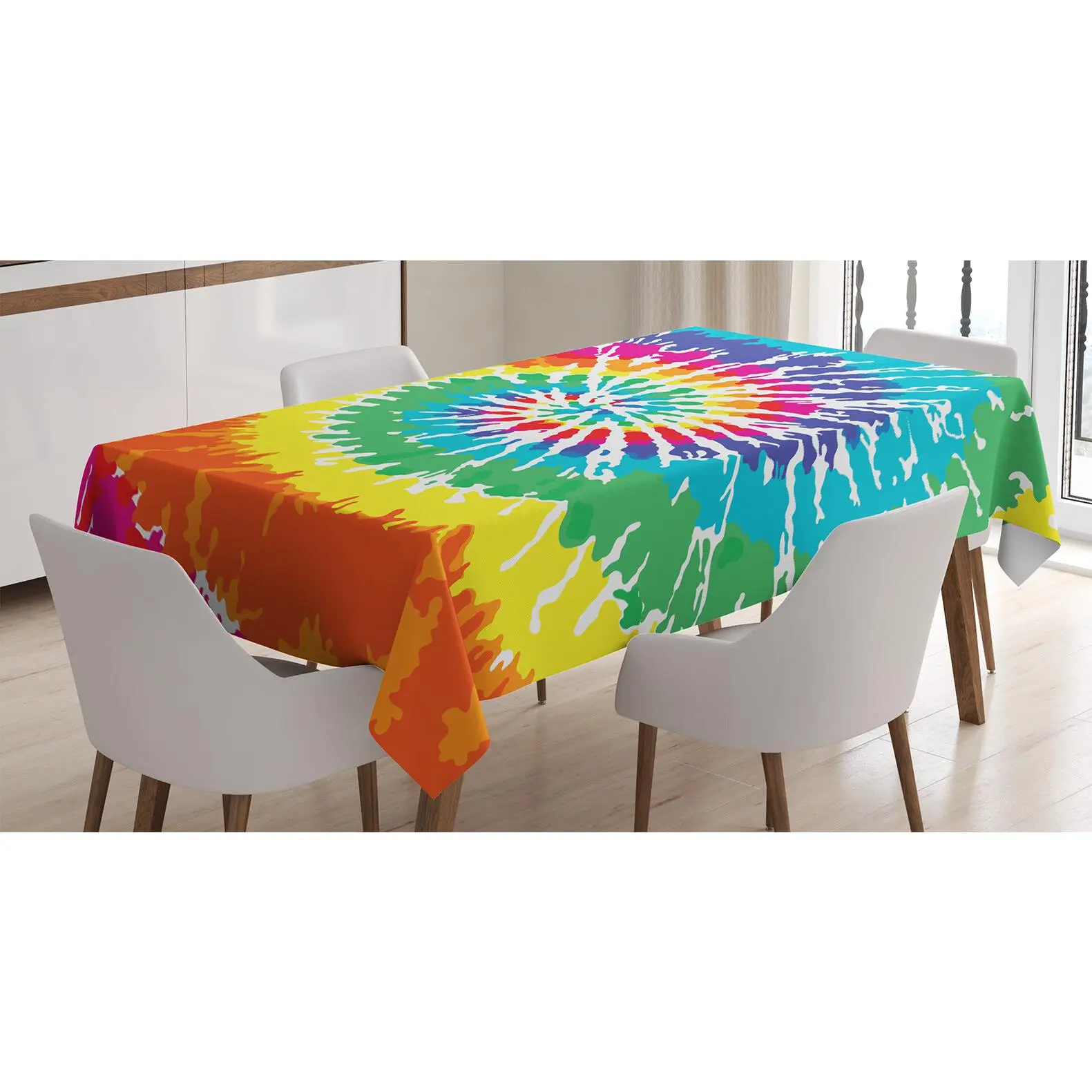 Rainbow Tablecloth, Digital Spiral Vortex Vibrant Rainbow Colored Sixties Ikat Psychedelic Pattern, Rectangular Table Cover for Dining Room Kitchen Decor, 60" X 84", Multicolor