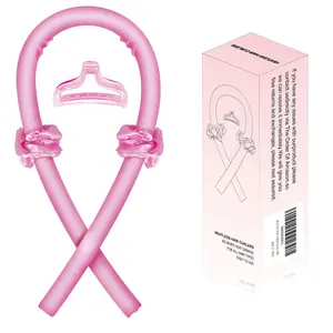 Hair Rollers for Heatless Overnight Curls - Soft Rubber Curling Rod Headband and Hair Claw Clip Set - Satin Pink