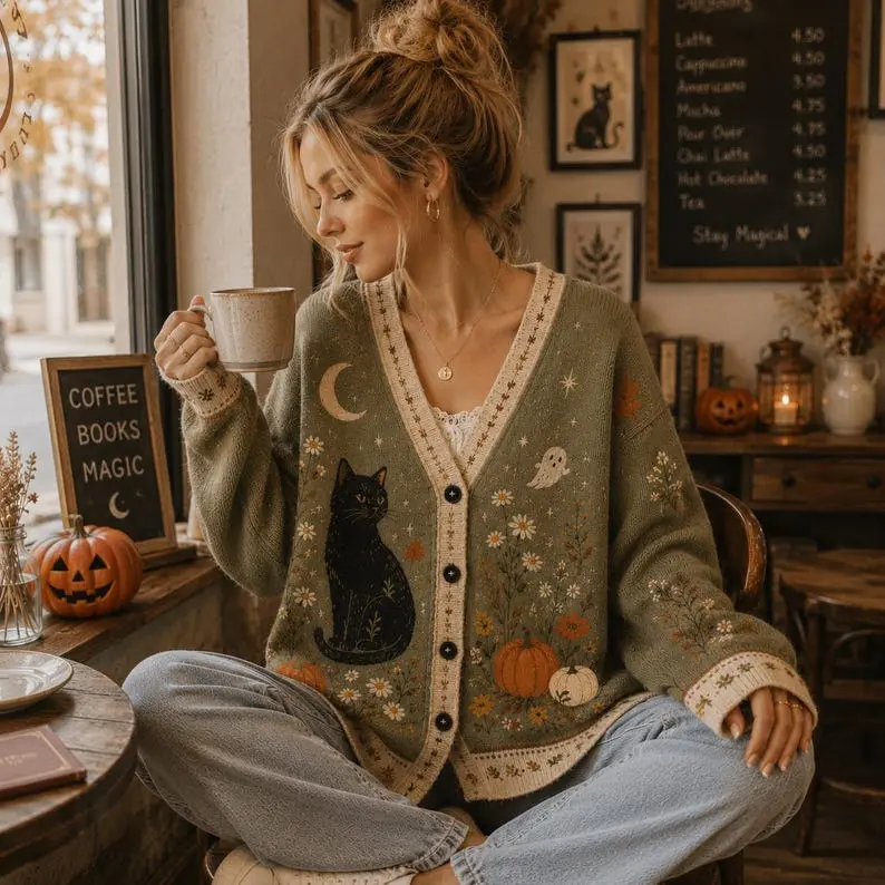 Halloween Cardigan, Vintage Halloween Sweater, Pumpkin Ghost Cardigan, Halloween Knit Sweater, Retro Fall Cardigan, Cozy Fall Sweater Gift