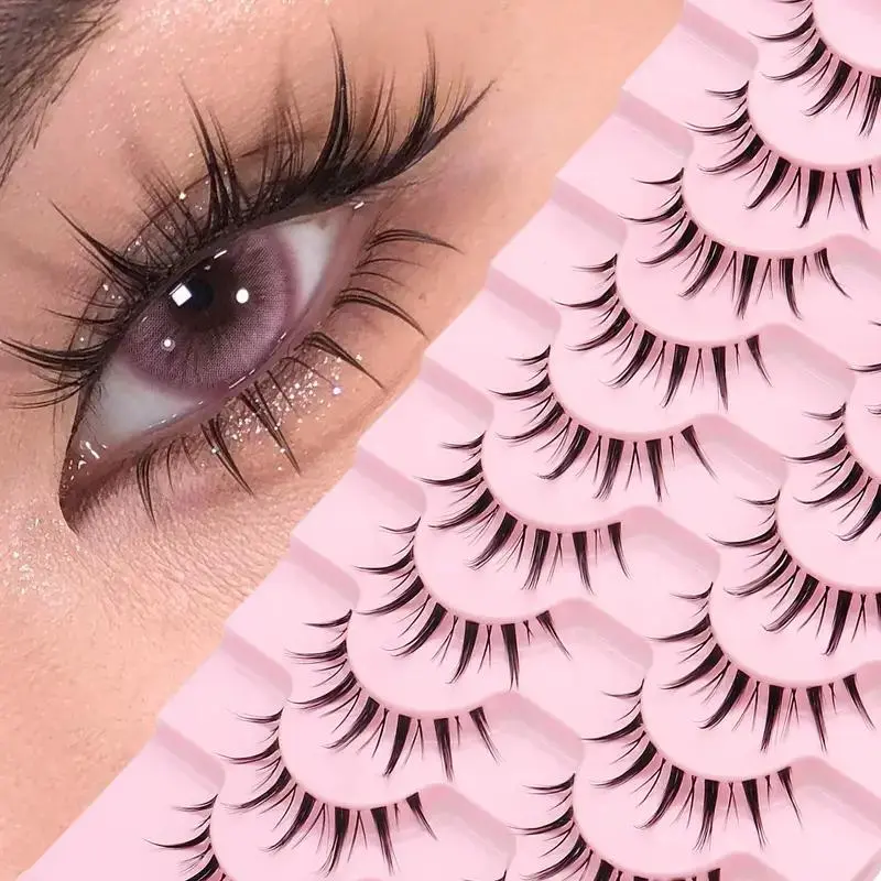 Natural Look False Eyelashes (10 Pairs), Wispy Cat Eye Faux Cluster Lashes, Natural Curling Makeup Full Volume Fake Eyelash for Lashes Extensions, Cosmetic, Synthetic Lashes