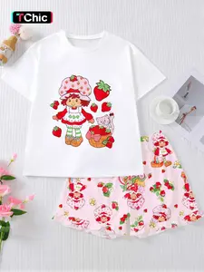 Women's 2-Piece Strawberry Print Pajama Set, Short Sleeve Round Neck Soft Top and Elastic Waist Shorts, Comfortable Home Wear