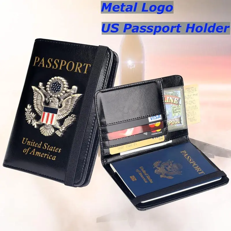 Minimalist RFID Blocking Passport Holder Wallet Cover Case for Women Men Family 3D Metal US Logo PU Leather Travel Wallet with Multiple Pockets