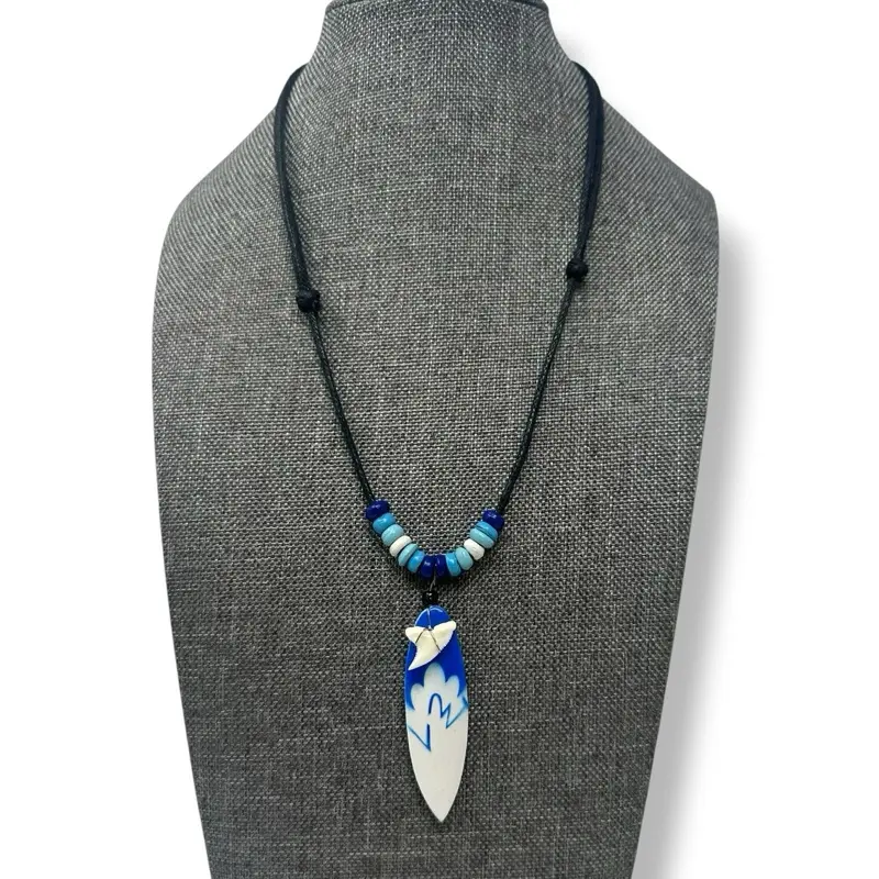 Adjustable Pendant Necklace with Surfboard and Shark Tooth Charms