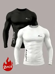 Men's 2 Pack Letter Logo Print Fitted Long Sleeve T-Shirts, High Stretch Quick Dry Fitness Training Tops, Summer Workout Essentials