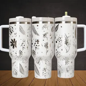 Ladybug Garden 40oz Laser Engraved Tumbler With Handle, Custom Stainless Steel Travel Mug, Seamless Insulated Coffee Cup Gift