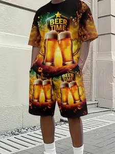 Men's 3D Digital Print Round Neck Short Sleeve Set, Bubble Beer Pattern, Casual Summer, Perfect Father's Day Gift