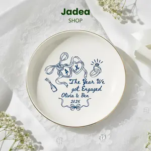 Personalized Engagement Ring Dish Tray, The Year We Got Engaged Ceramic Jewelry Holder with Names & Year, Bride To Be Gift