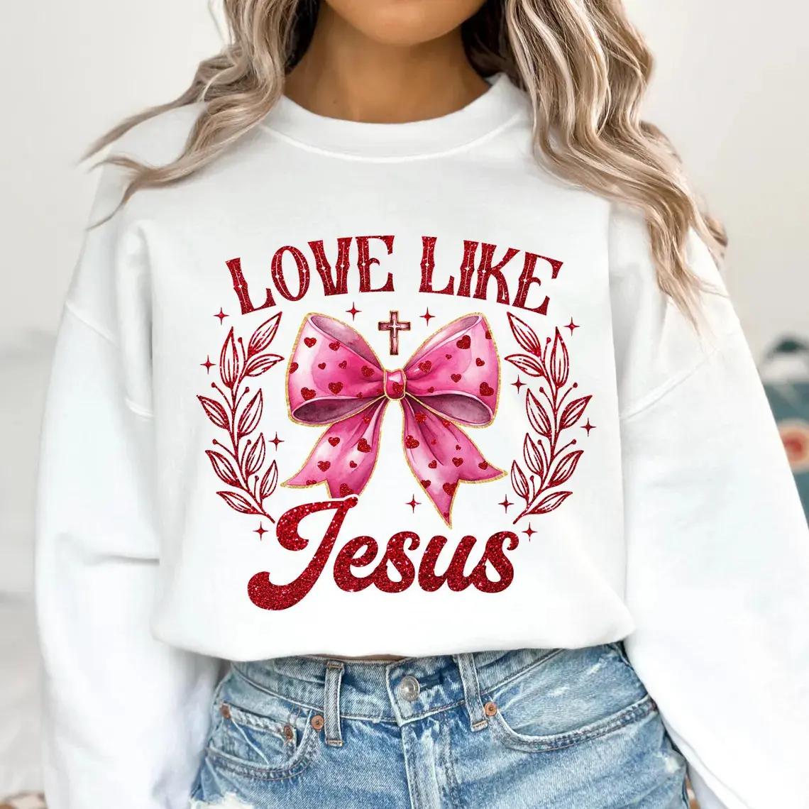 Glitter Valentine Coquette Shirt, Love Like Jesus Shirt, Christian Valentine Shirt, Pink Coquette Cross Shirt, Faux Sequin, Jesus Valentine Shirt