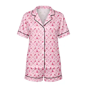 Pink Witch Pajamas Set for Women – Christmas Holiday Pajama Set, Cute Holiday Print Satin Sleepwear, Xmas Loungewear, Christmas Pajama