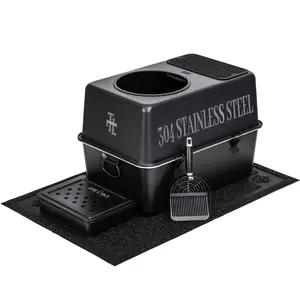 Everything You Need in One Box! Stainless Steel Litter Box + Mat + Scoop + Carbon Pack Rack – Perfect for Big Cats