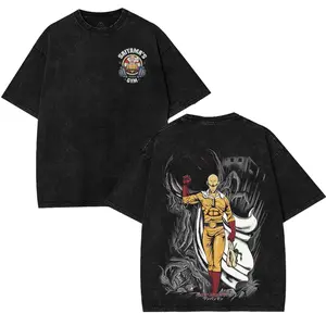 Saitama One Punch Man Oversized T-Shirt Streetwear Anime Graphic Tee 100% Cotton Vintage Wash Top Japanese Manga Design for Men Women Cool Unisex Outfit Trending on TikTok 2025 Fabric Menswear casual