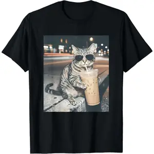 Men's cat drinking iced coffee Graphic T-Shirt - Short Sleeve Crew Neck Regular Fit Casual Wear | Soft & Breathable Fabric, Durable Print, Everyday Comfort, Machine Washable