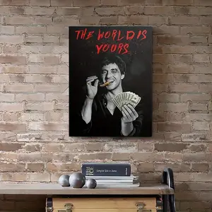 1 Piece <Scarface> "The World Is Yours" Poster - Recycled Wood Frame Canvas Painting (29.97x 39.88cm) - Iconic Tony Montana Quotes, <Scarface> Movie Art - Ready-to-Hang Home Office Decoration, Room Wall Art, Fan Popular Culture Gift