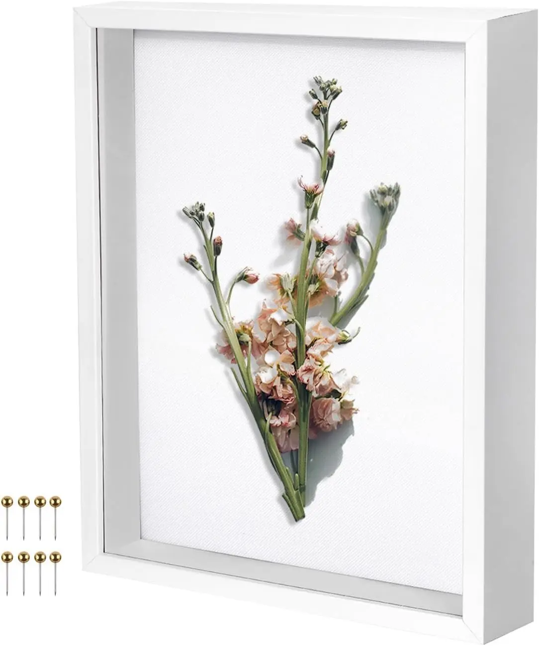 White 11x14 Shadow Box Display Frame, Premium Linen Backboard and Included Pushpins, Plexiglass Memory Box