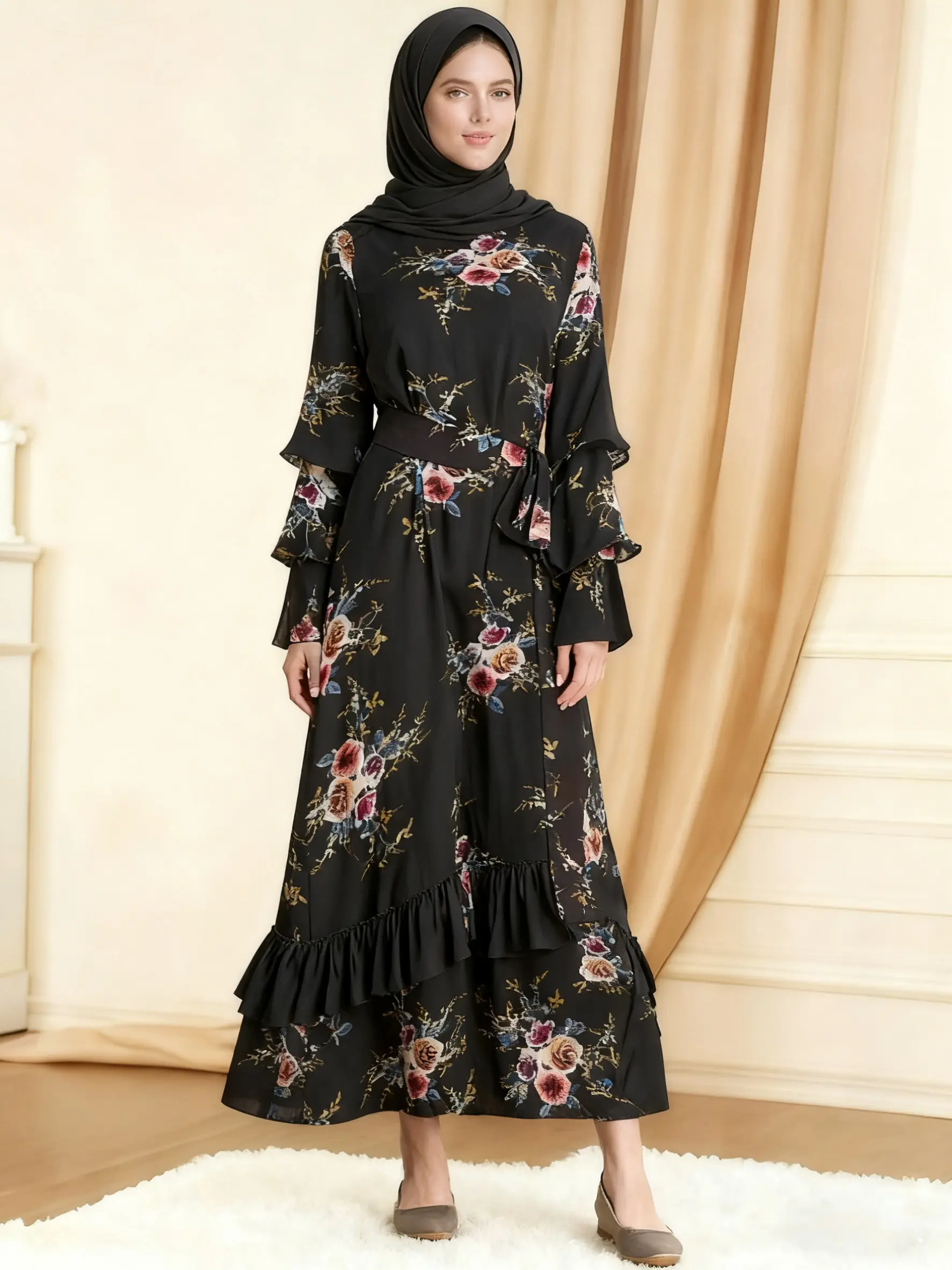 Elegant Rose Print Long Dress, Round Neck Loose-Fit Thin Fabric, Back Zipper Design, Perfect for All Seasons, Women's Fashion