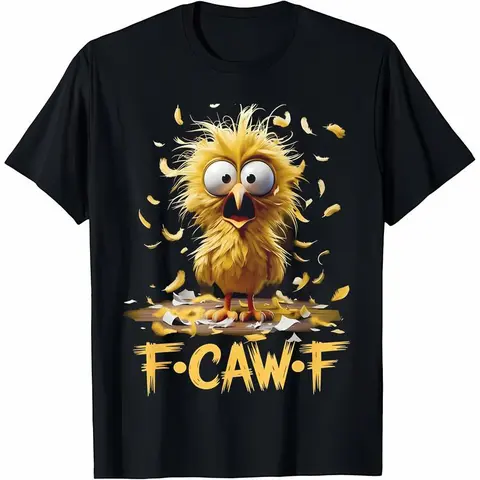 Cartoon Humor T-Shirt F caw F, Cotton Unisex Funny Surprised Yellow Bird with Flying Feathers Graphic Tee, Halloween Ghost Pumpkin Graphic T-shirt, Slightly Cropped Shirt Men, F·CAW·F Chicken-Inspired T-Shirt Casual Print