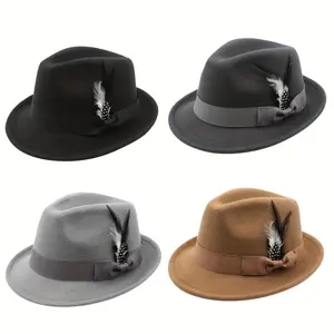 Flongo Classic Fedora Hats For Men Women Short Brim Felt Feather Hat Panama Dress Hat