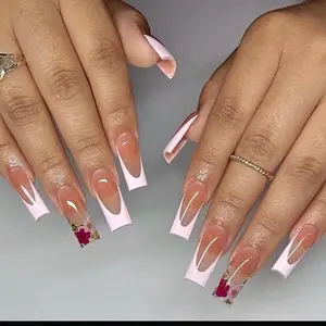 SHEDARES Pink Floral French – Soft Nude Press-On Nails with Modern V-Tips & Real Dried Flower Accents – Perfect for Spring Dates, Bridal Showers & Daily Elegance