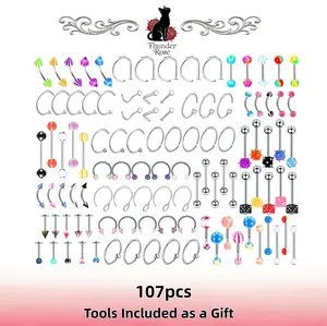 Stainless Steel Piercing Jewelry Set 107Pcs, Acrylic Colorful Nose Rings, Lip & Cartilage Studs, Casual Daily Body Jewelry, Piercing Tools Included as a Gift