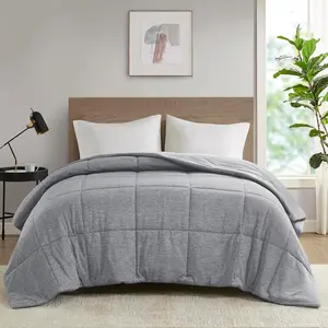 Twin Comforter Set, Cozy Soft Jersey Knit Bedding, Box Quilting & Heathered, Cool to, Lightweight All Down Alternative Bed Set, Twin/Twin XL Grey 3 Piece