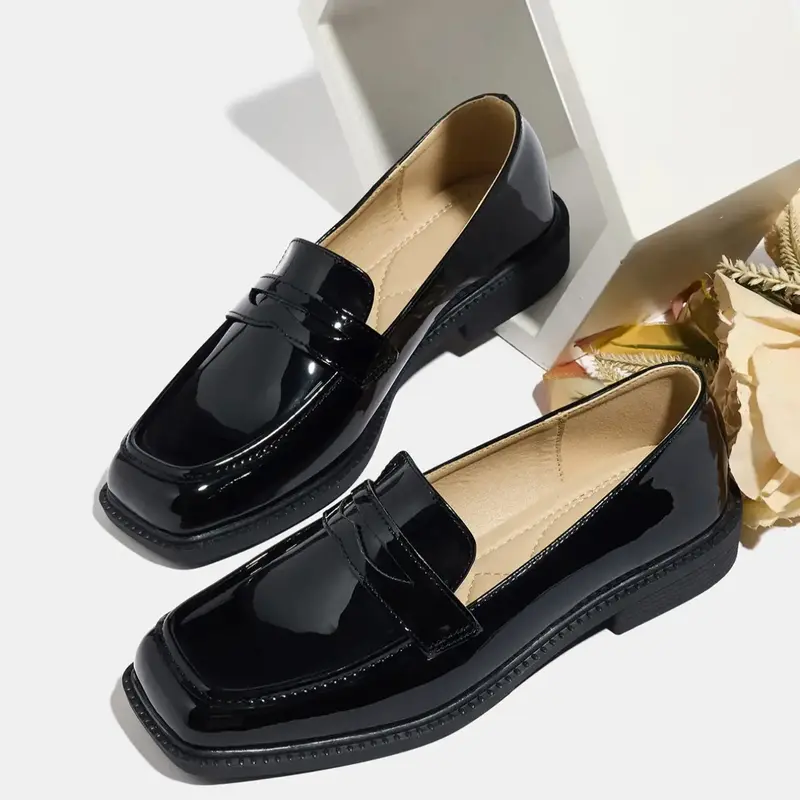 Women's Fashion PU Leather Loafers, Faux Leather Shoes, Geometric Pattern Slip-On Shoes, Comfortable Mid Heel Fall & Winter Footwear
