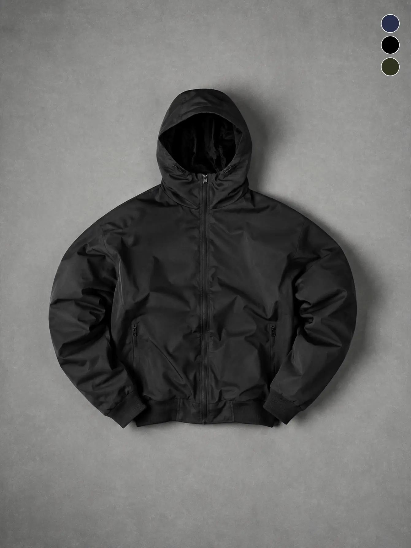 Men’s solid black aviator windbreaker jacket with side zip pockets, wrinkle-resistant lightweight water-repellent woven fabric, full zip front plus elastic ribbed hem, suitable for everyday wear, commuting, and urban walking.