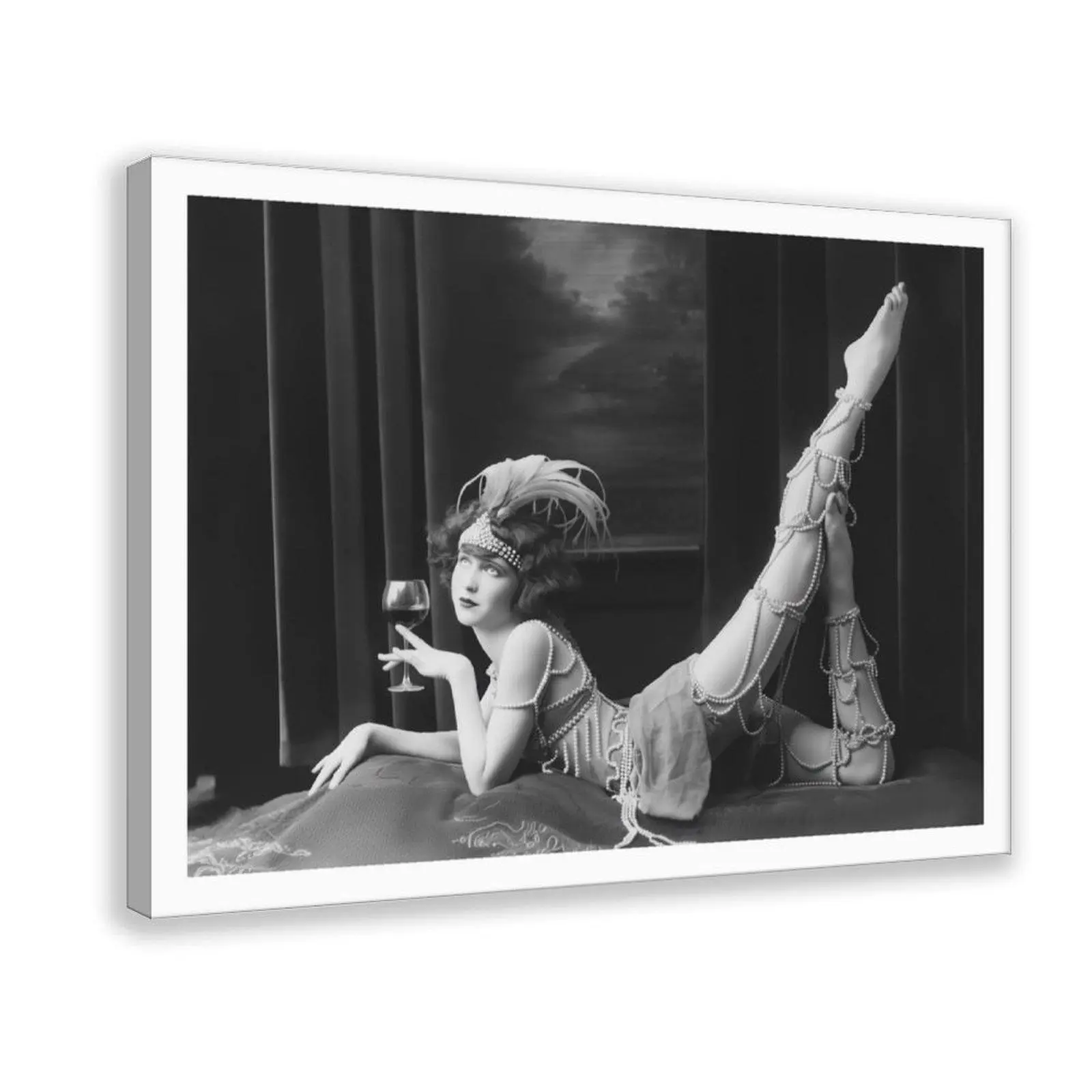 1920s Flapper Girl & Wine Black and White Artistic Frameless Canvas Print - Vintage Burlesque Retro Bar Wall Decor, Decorative Indoors Office Gift for Home Decor Enthusiasts
