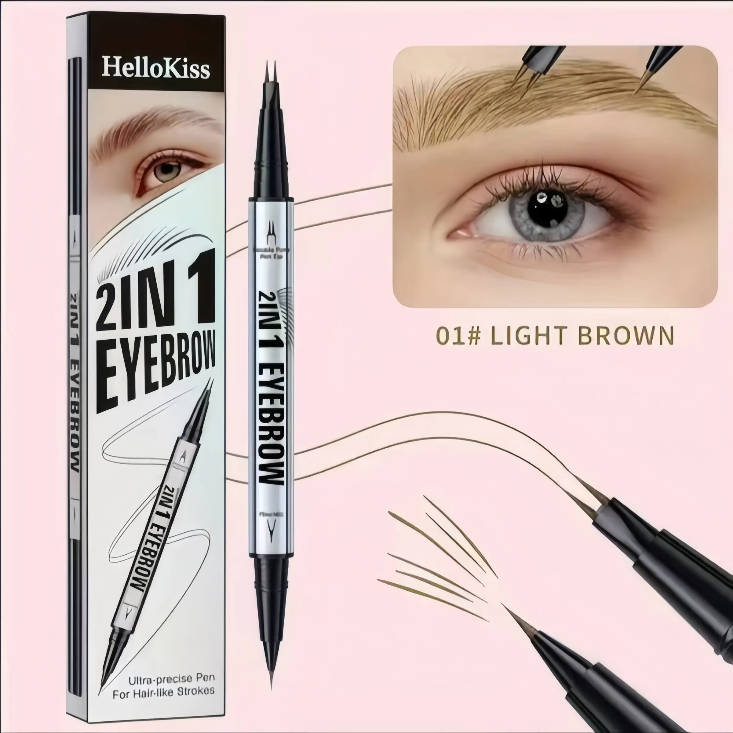 Dual Tip 2-IN-1 Microblading Eyebrow Pen, 2-Prong Fork Liquid Brow Pen, Waterproof, Smudge-Proof & Oil Resistant, Creates Natural Hair-LikeBrows. Dual-End Precision Fine Nib for DefinedAll-Day Brows, Ideal for Beginners & DailyMakeup, Light Brown Shade
