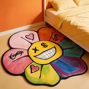 Unique Flower Shape Smiling Face Print Rug, Retro Style Hand Washable Carpet, Decorative Rug, Home Decor Rugs Indoor Decor for Living Room Bedroom Study