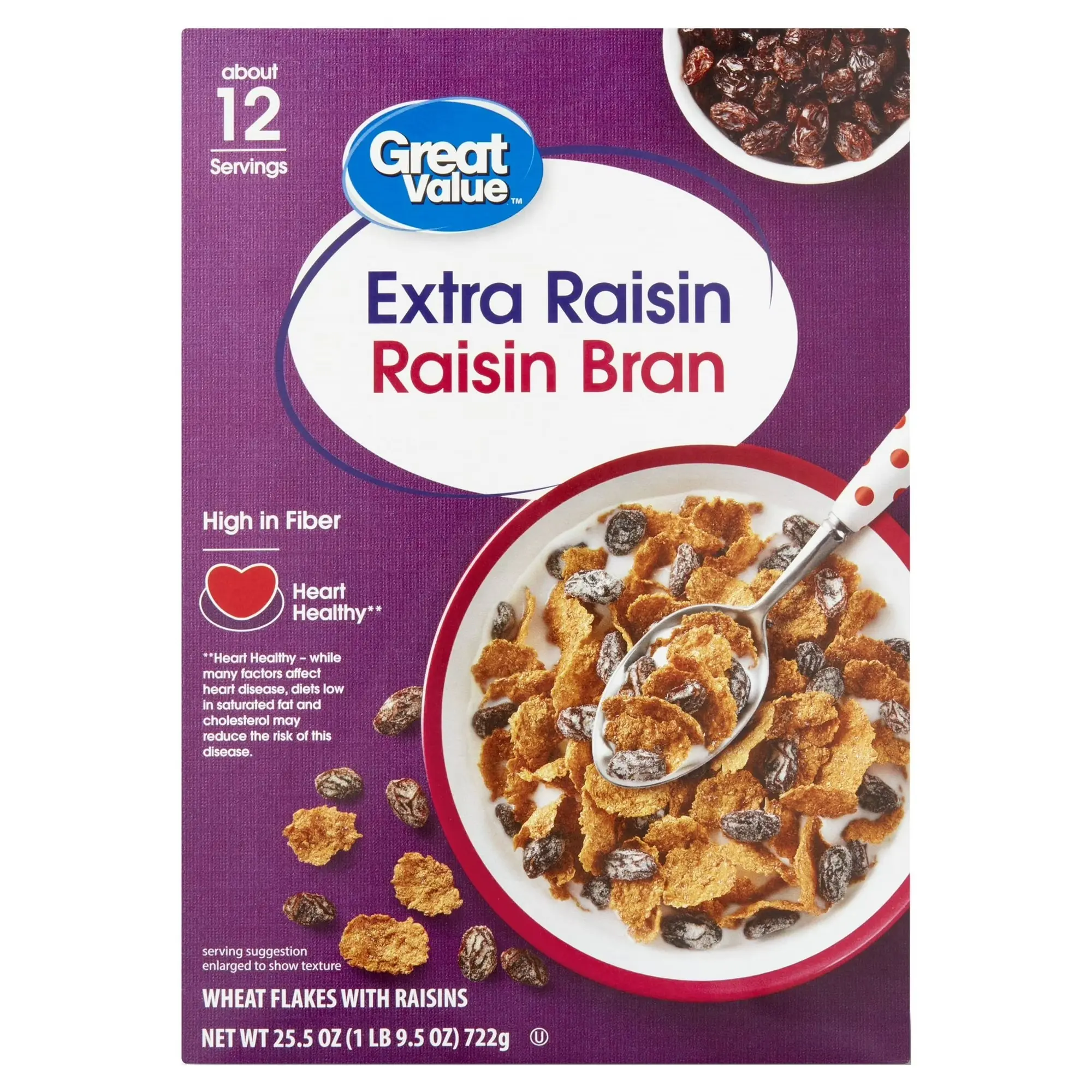 Great Value Extra Raisin Bran Breakfast Cereal, Wheat Flakes with Extra Raisins, High Fiber Oatmeal, 25.5 oz