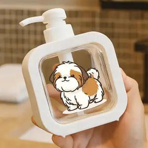 Cute Cartoon - Style Shih Tzu Puppy Pump Dispenser - Fluffy White with Brown Patches Design, Ideal for Bathroom & Kitchen, Plastic Hand Soap/Cleaner Dispenser with Refillable Feature, Cheerful Decor Accessory for Cat Lovers, Homeowners Gift
