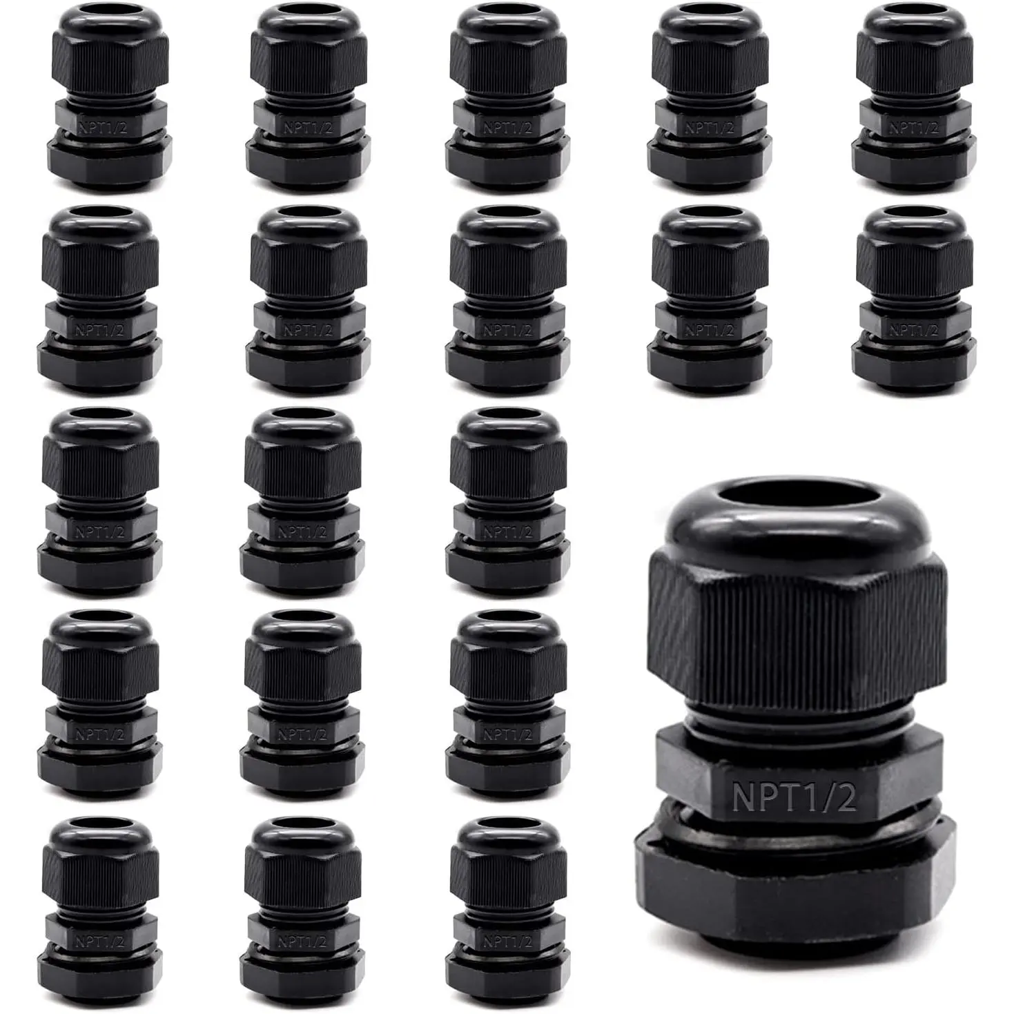 20 count Nylon  Glands 1/2" NPT, Adjustable Diameter 6-12mm  Connectors,Plastic  Gland Joints with Gaskets 1/2 NPT-BK