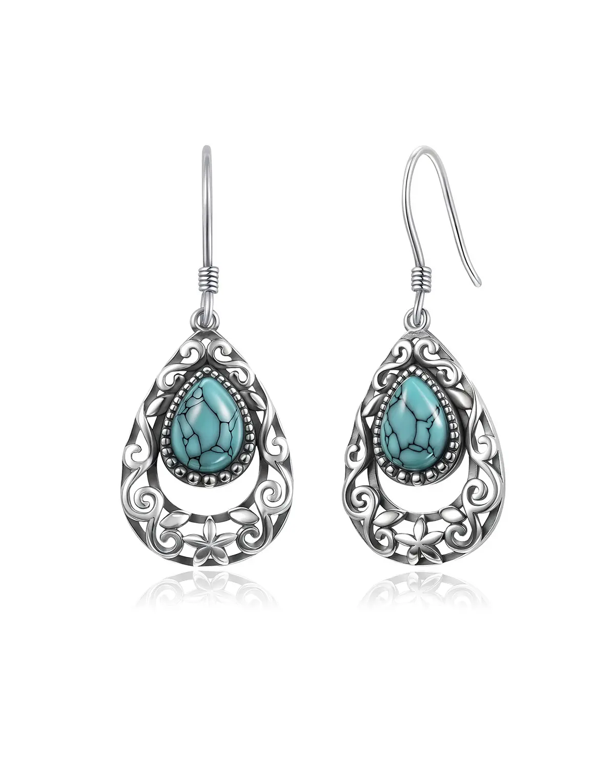 Turquoise Drop Earrings for Women, 925 Sterling Silver Dangle Earrings, Vintage Boho Teardrop Earrings, Southwestern Jewelry Gift for Her