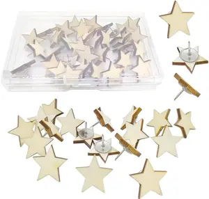30 pcs Wood Push Pins Star Shape Cute Decorative Thumbtacks for Cork Boards Map Photos Calendar and Home Office Craft Projects with Box（Star）