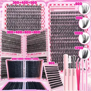 800Pcs/200Pcs False Eyelash Extensions, Eyelash Extension Kit, D Curl Mixed 30D-120D Eyelashes Clusters with Bond, Seal, Eyelash Glue, Tweezers and 2Brush, Cluster Lashes in Mixed Lengths from 9-16mm, Suitable for Beginners, Cosplay & Daily Wear